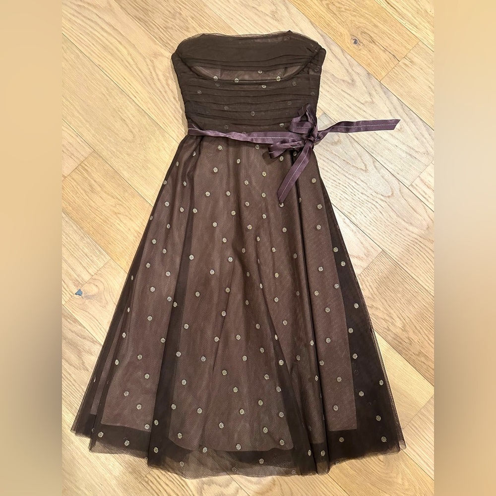 BCBG MAXAZRIA Brown Gold Dots Tulle Strapless Dress Size XS